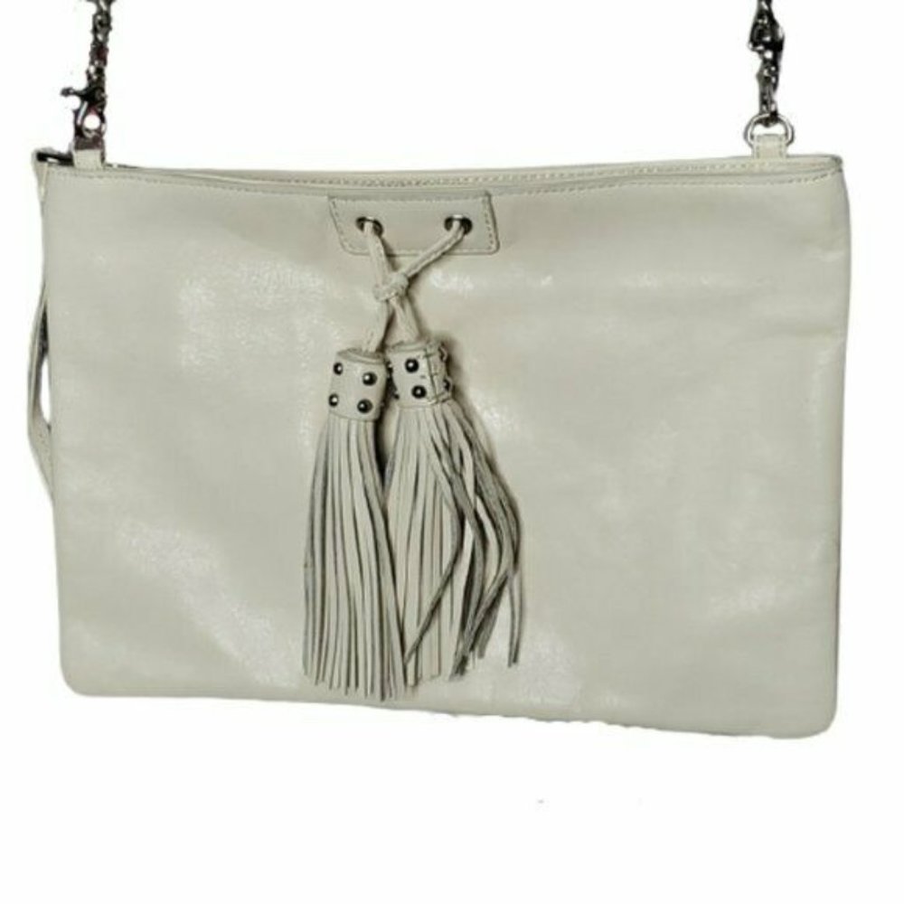 Badgley Mischka Leather Cream Tassle Studs Detachable Chain Shoulder Clutch Bag